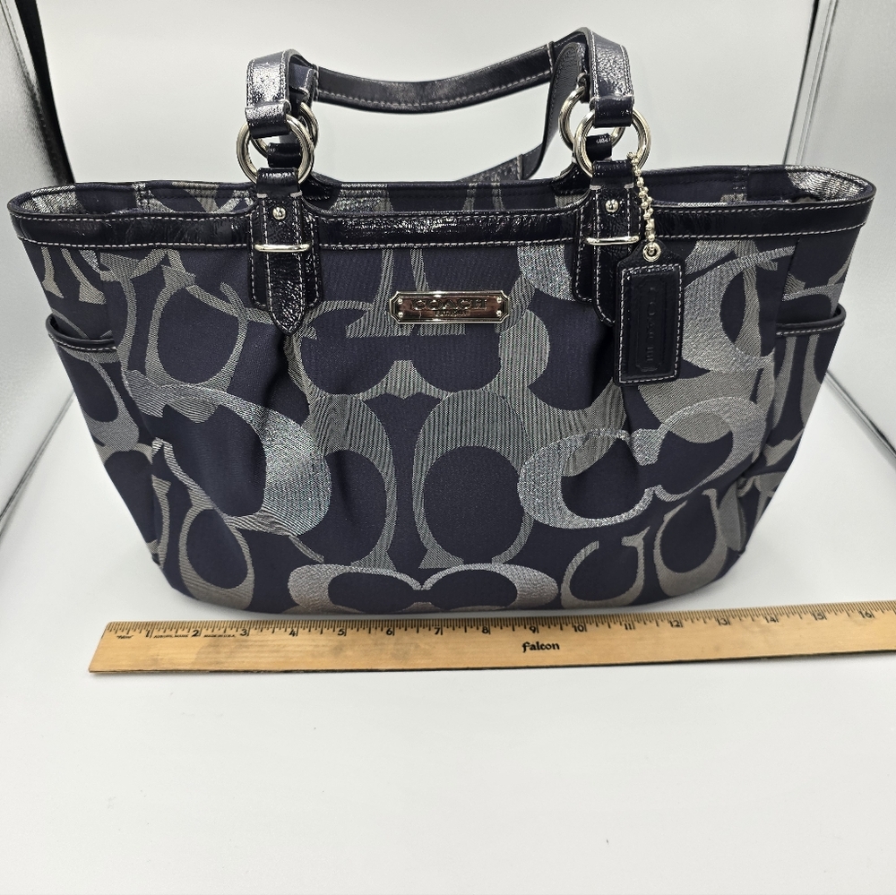 COACH F19664 Gallery Optic Sig Tote Shoulder Bag Navy Blue Jacquard Leather Trim - Picture 6 of 12
